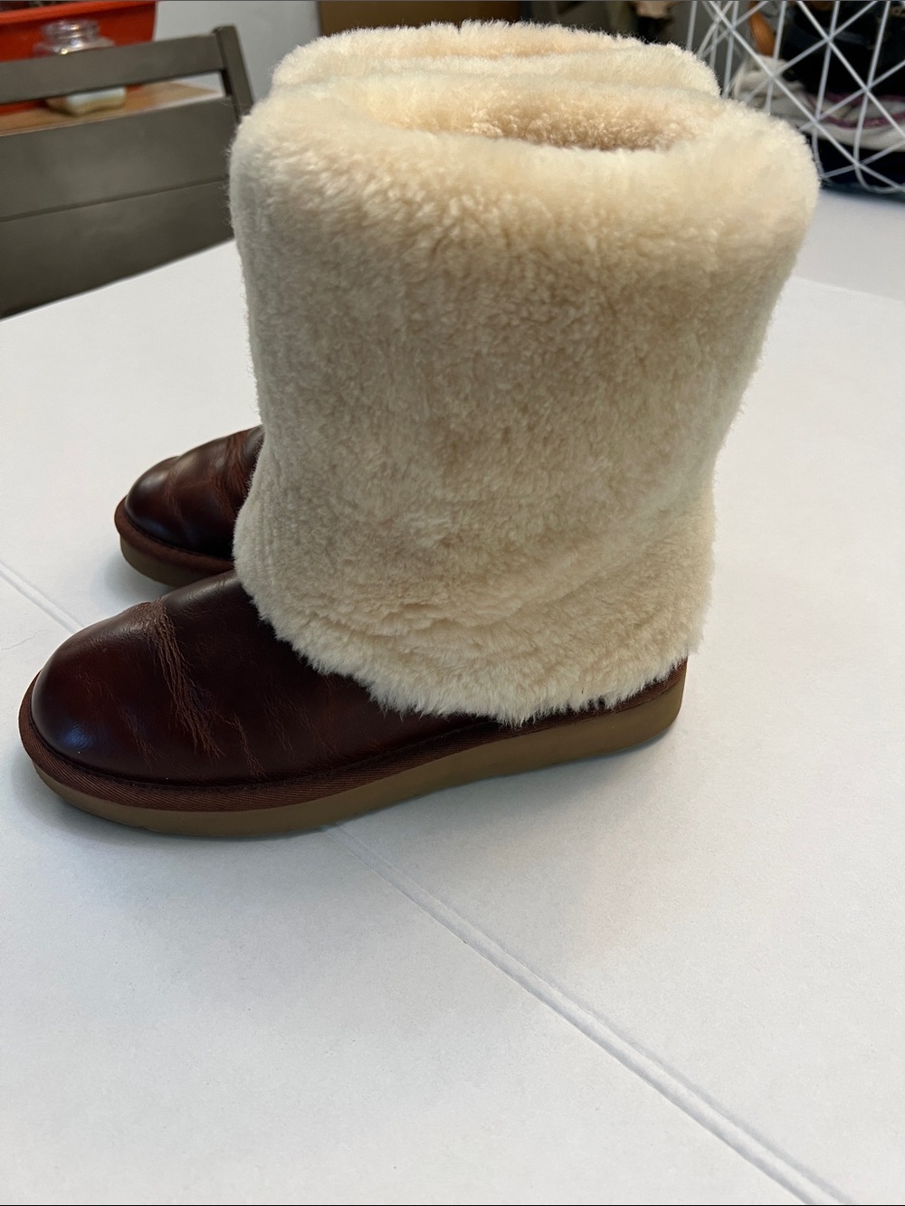 UGG PATTEN CHESTNUT SUEDE FOLDOVER SHEARLING CUFF LEATHER BOOTS WOMENS 7